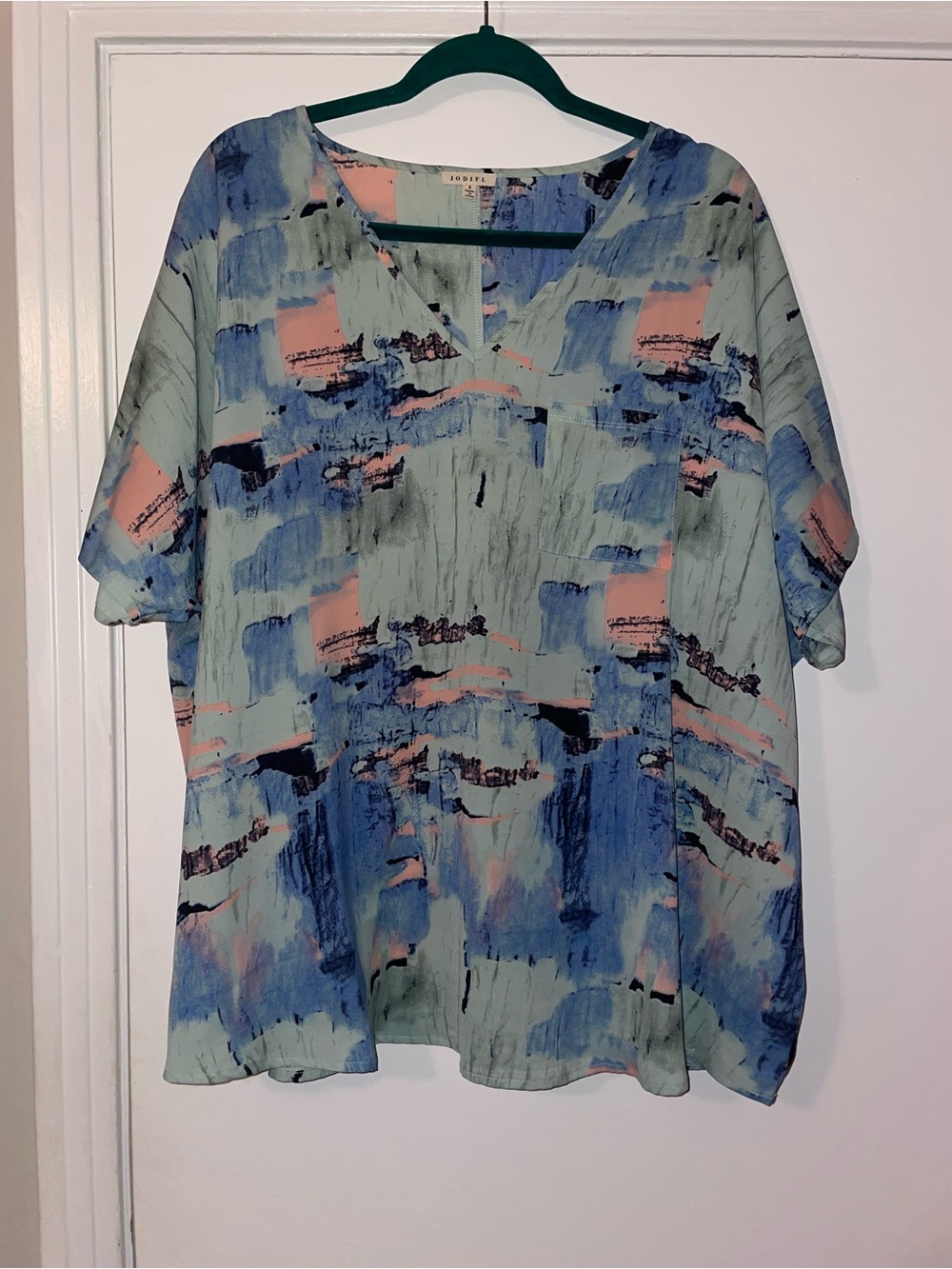 JODIFL Seafoam Abstract Print V-Neck Tunic with Blue and Peach Accents